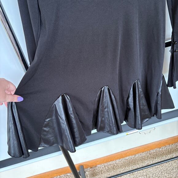 Whimsigoth Black Witchy Flare Sleeve Mini Dress Fit Flare Faux Leather Skirt - Picture 3 of 7
